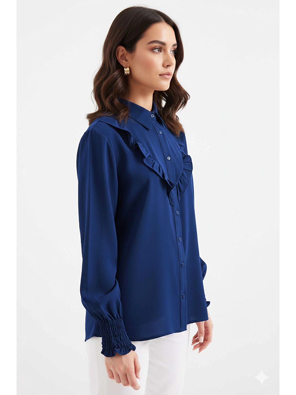 Kadın Lacivert Fırfır Detaylı Uzun Kollu Gömlek HZL25W-BD1202231-1