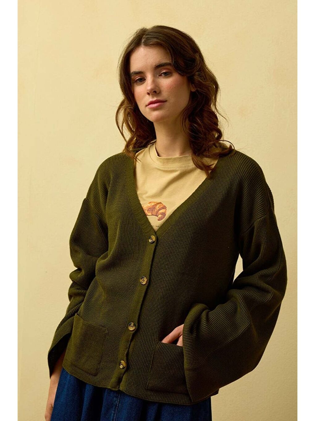 Haki İspanyol Kol Triko Hırka-1