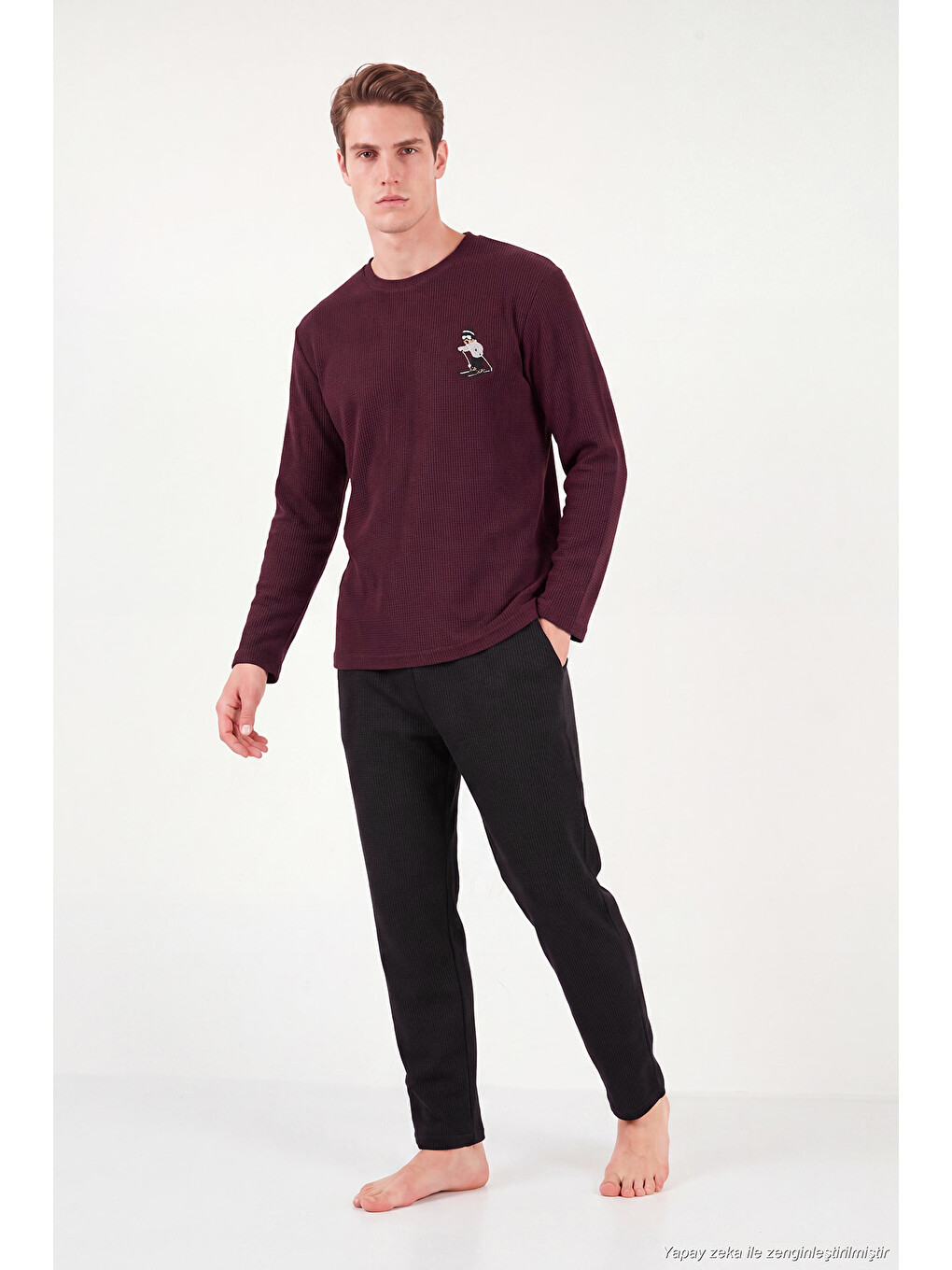Bordo Nakışıklı Yumuşak Dokulu Bisiklet Yaka Pijama Takımı 6575010-4