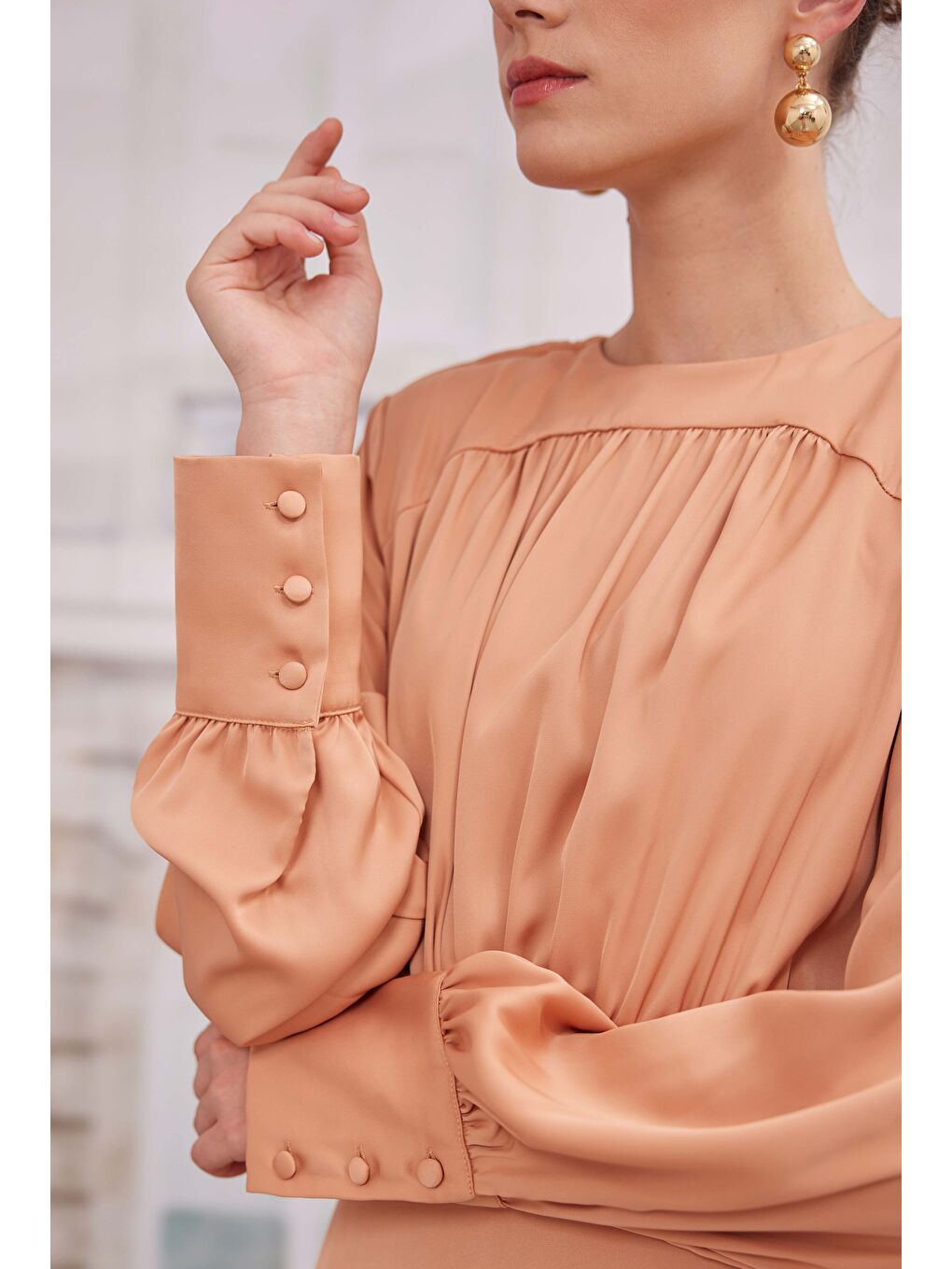 Pembe Büzgülü Saten Elbise Somon-3