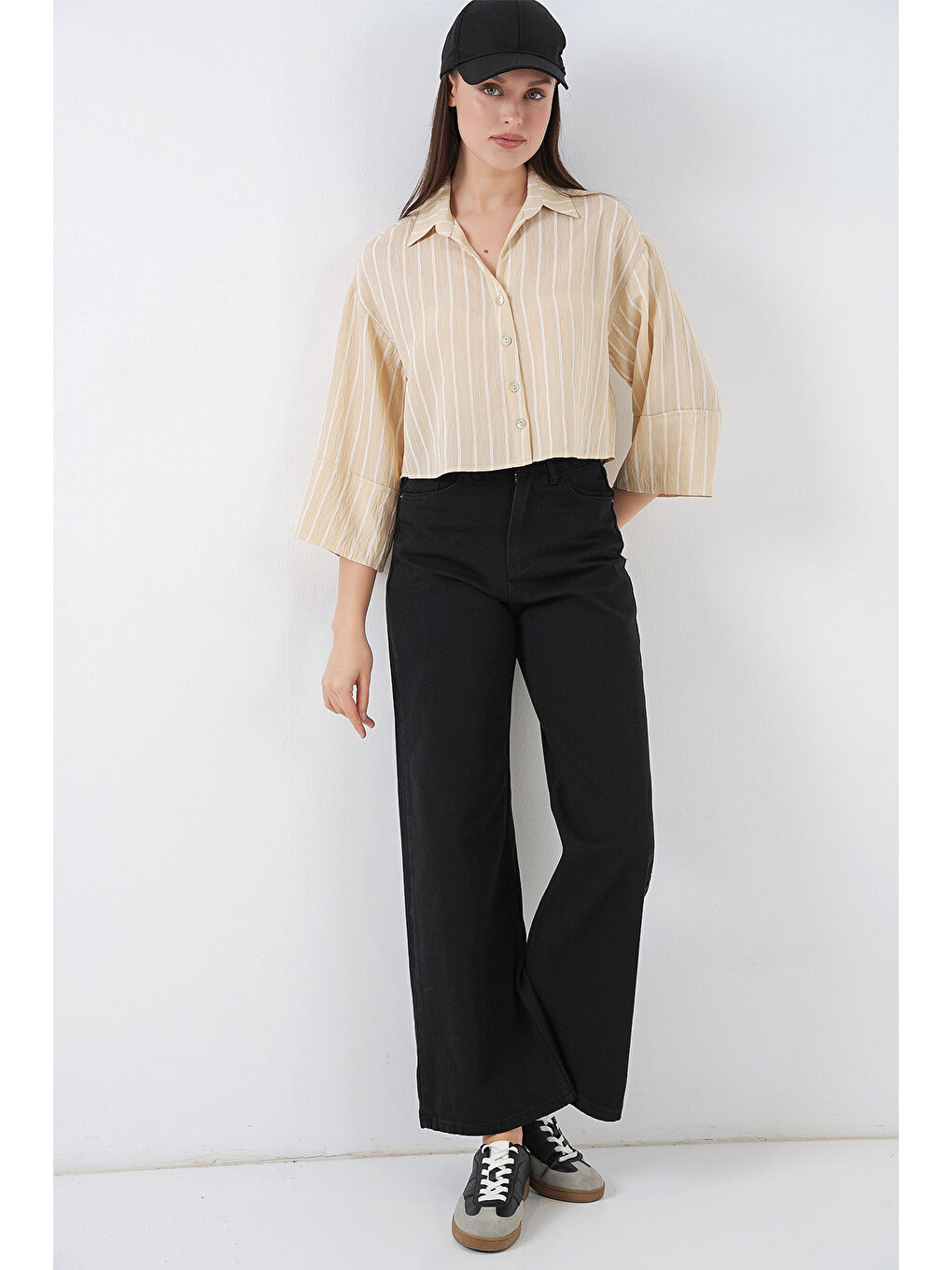 Kadın Çizgili Oversize Kısa Gömlek 20326 - Bej-1