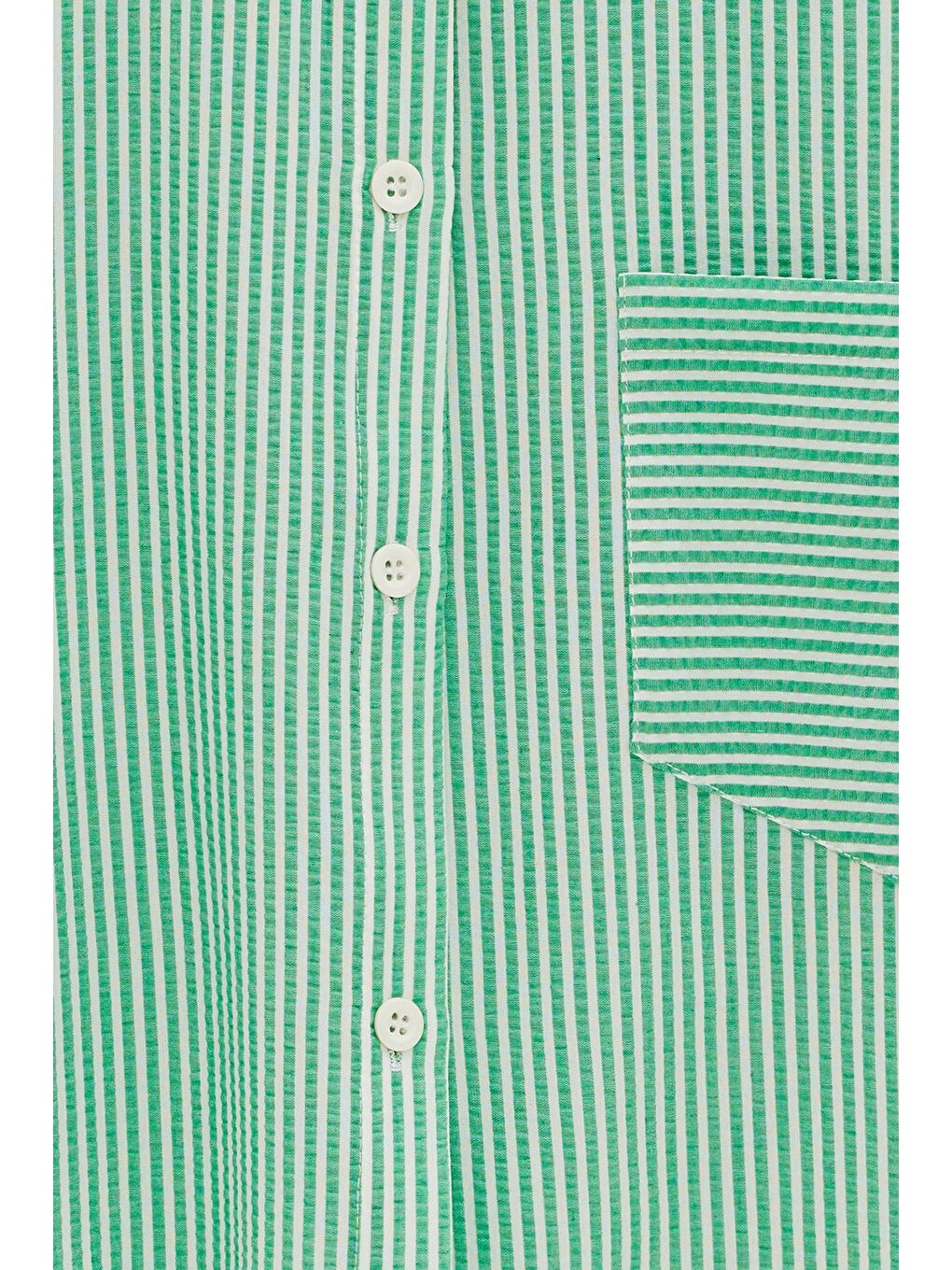 Yeşil Kadın Çizgili Relax Fit Tek Cep Dokuma Crop Gömlek - Manşeti Beyaz-2