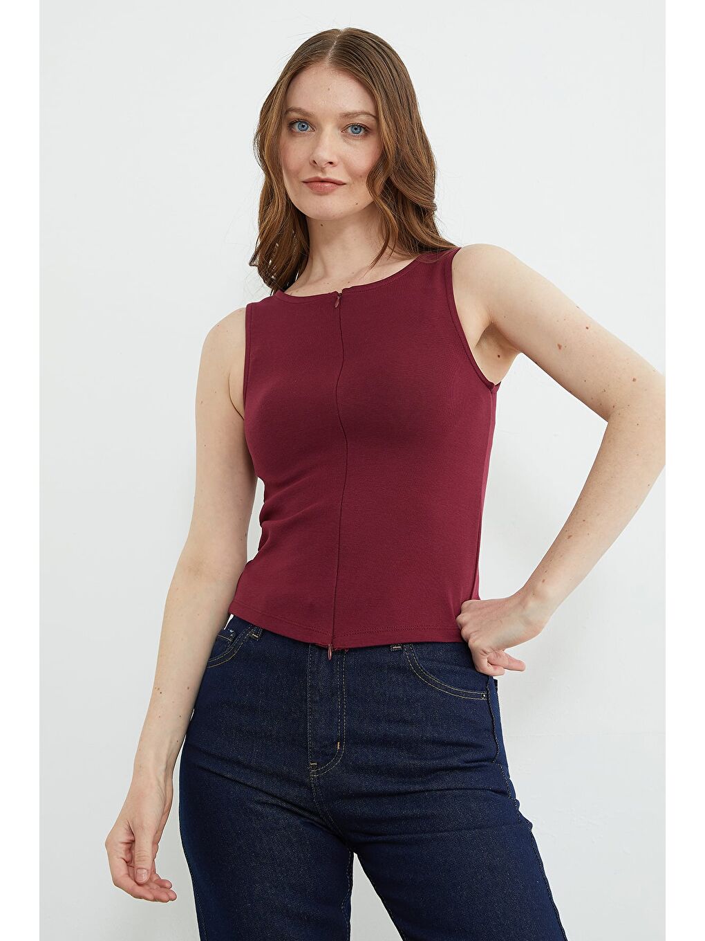 Bordo Basic Çift Fermuarlı Bluz-3