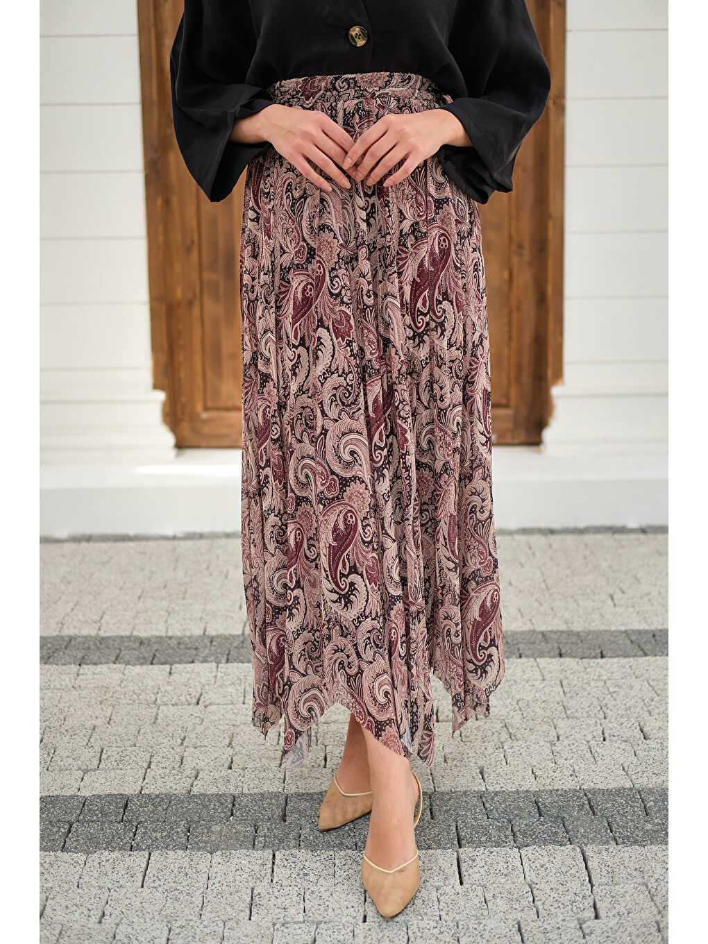 Kadın Asimetrik Kesim Etnik Desenli Şifon Etek Mürdüm-3