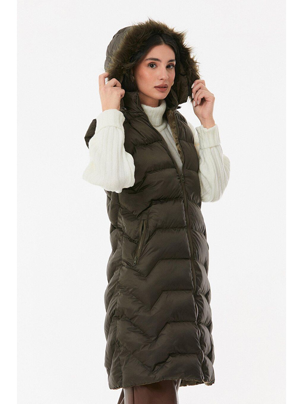 Haki Cebi Fermuarlı  Kapüşonlu Yelek-4