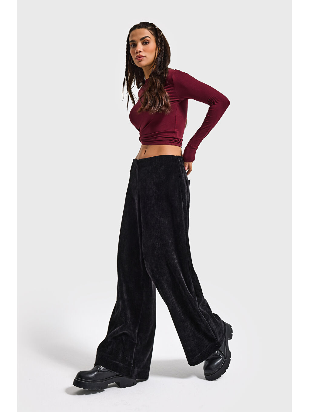 Kadın Siyah w5-1 Palazzo Fit Velvet Kadife Kumaş Pantolon-2