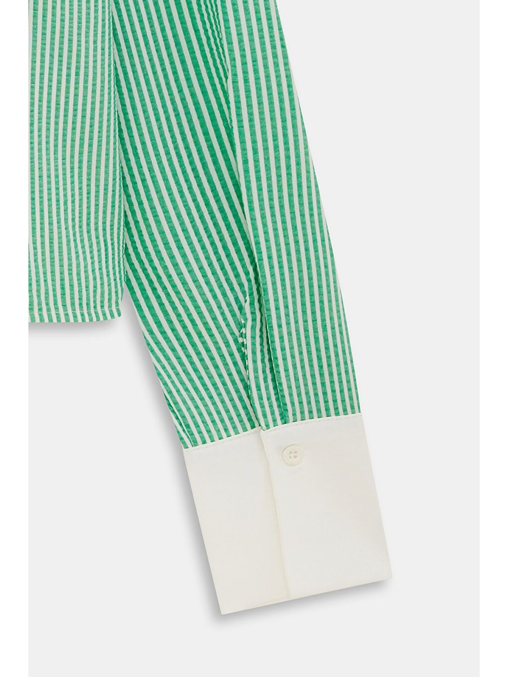 Yeşil Kadın Çizgili Relax Fit Tek Cep Dokuma Crop Gömlek - Manşeti Beyaz-3