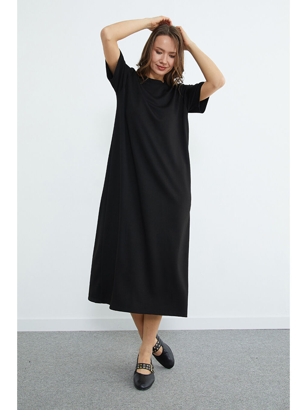 Siyah Basic Bisiklet Yaka Midi Boy Modal Elbise-4