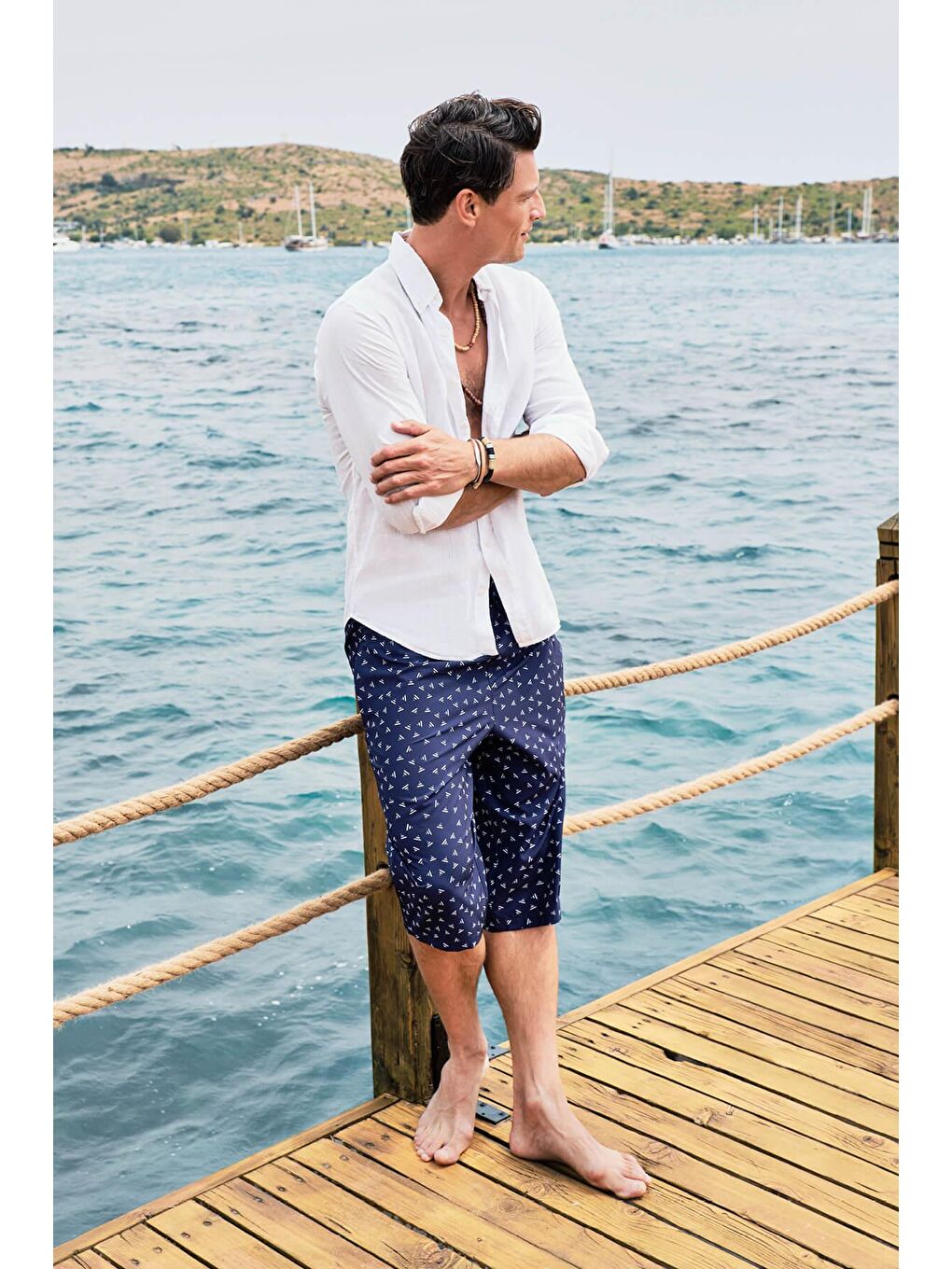 Desenli Lacivert Uzun Erkek Havuz Ve Deniz Şortu 2415-1