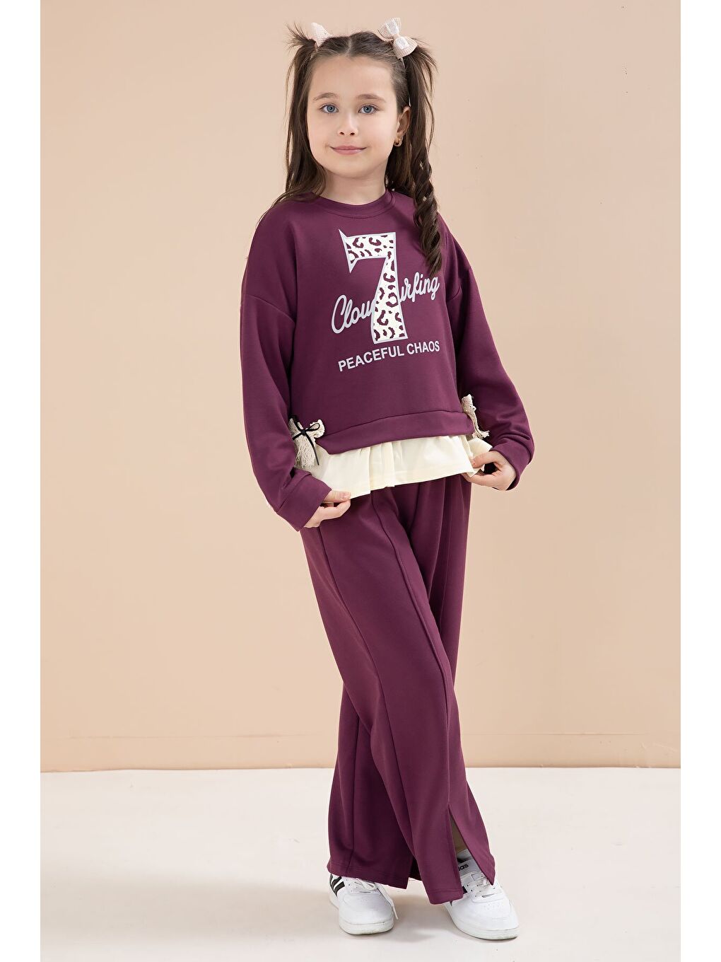Bordo Yırtmaçlı Pantolonlu Fiyonklu Yazılı Badili Kız Çocuk 2li Takım 23597-1