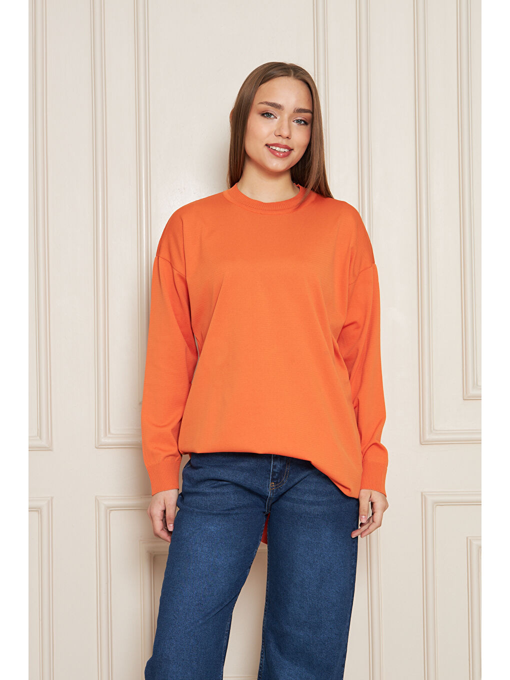 Kadın Bisiklet Yaka Yırtmaçlı Oversize Turuncu Triko Kazak-3