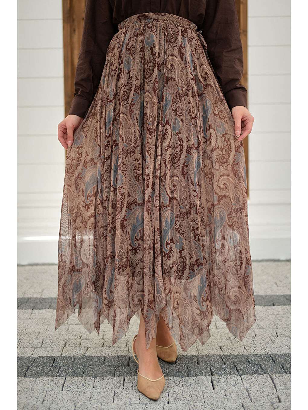 Kadın Asimetrik Kesim Etnik Desenli Şifon Etek Küf Yeşil-1