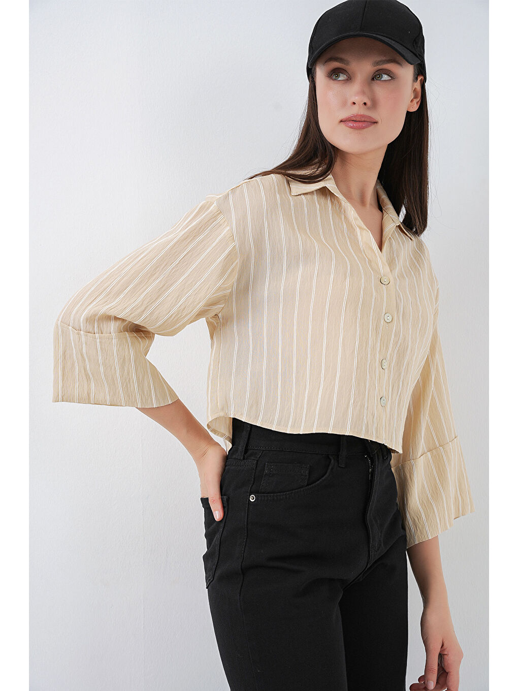 Kadın Çizgili Oversize Kısa Gömlek 20326 - Bej-2