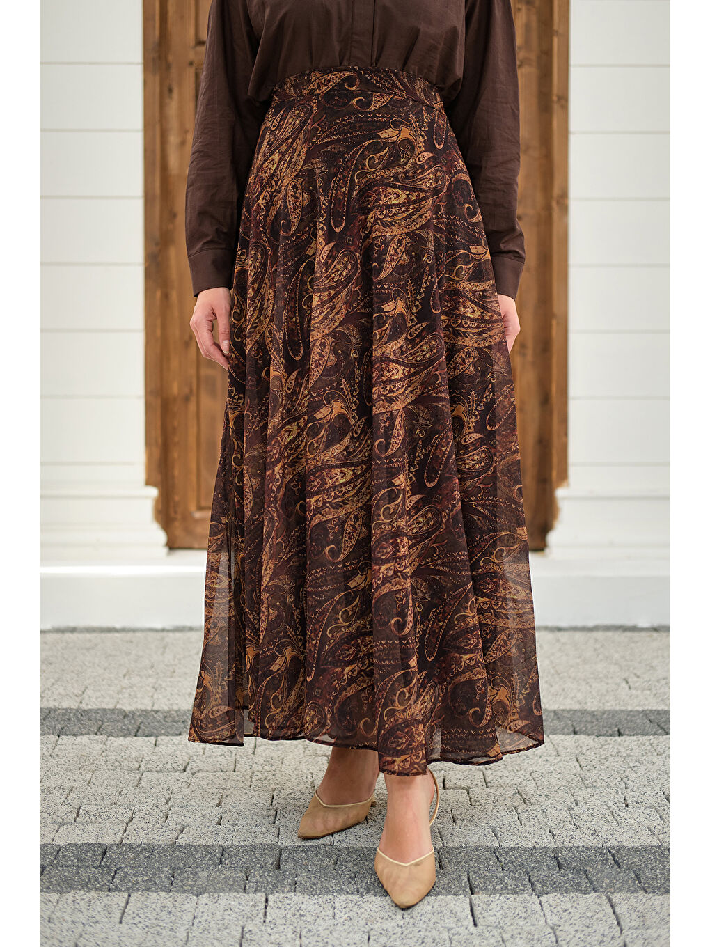 Kadın Etnik Desen Şifon Etek Kahverengi-2