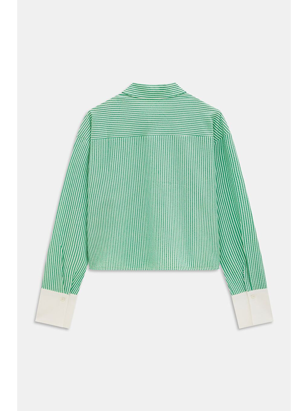 Yeşil Kadın Çizgili Relax Fit Tek Cep Dokuma Crop Gömlek - Manşeti Beyaz-4