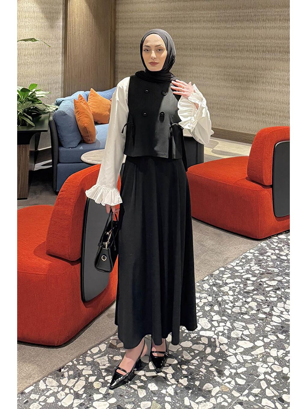 Düğmeli Yelekli Takım Siyah