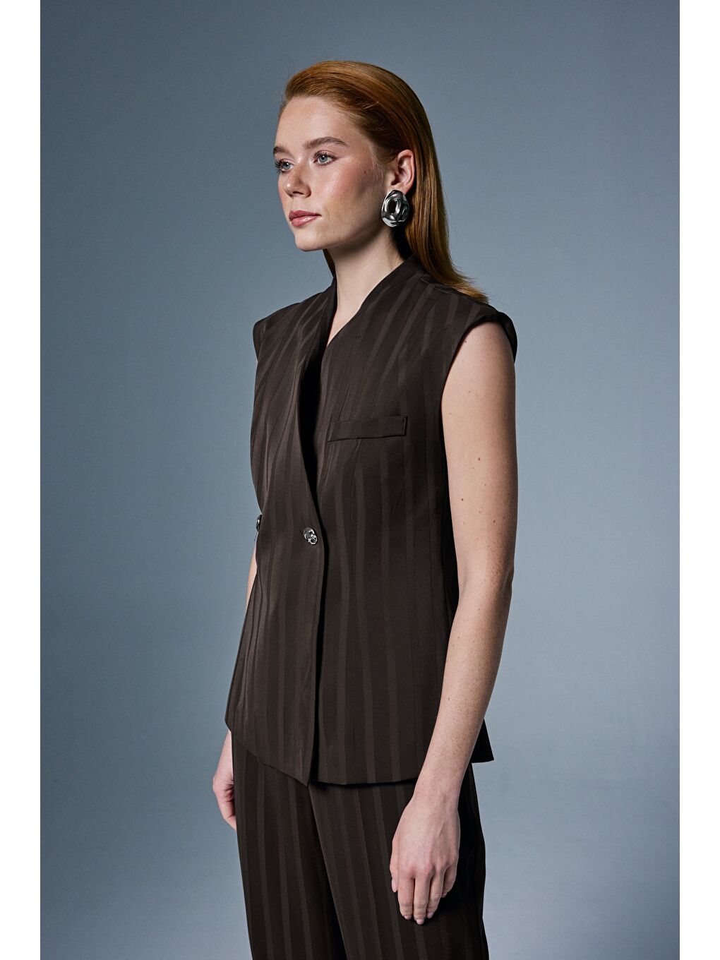 Kahverengi Anna Çizgili Yelek - Kahve-1