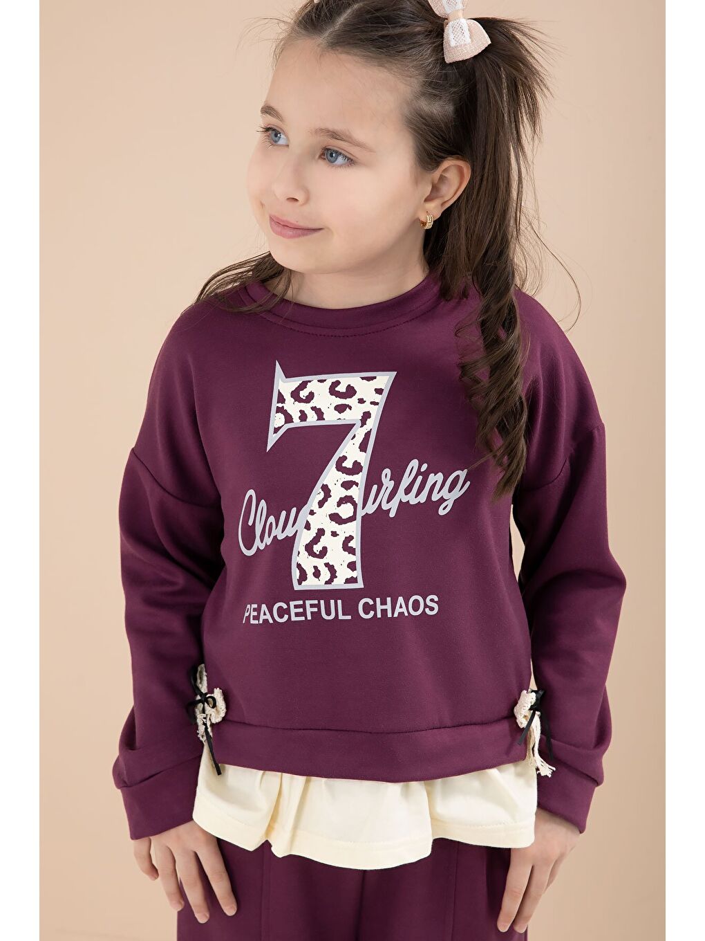 Bordo Yırtmaçlı Pantolonlu Fiyonklu Yazılı Badili Kız Çocuk 2li Takım 23597-2