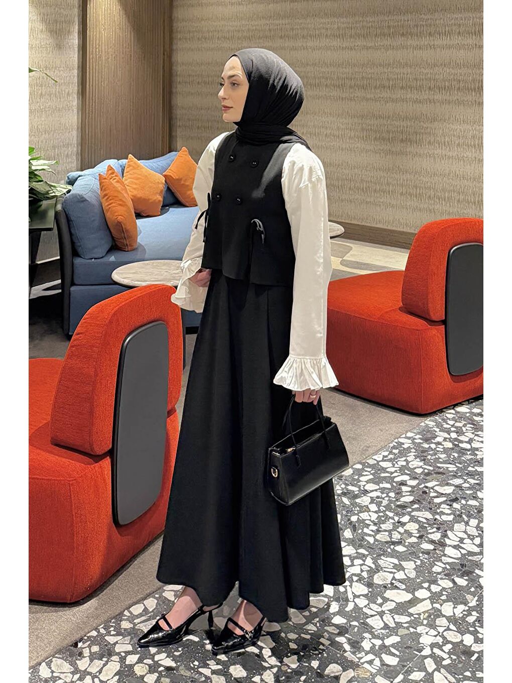 Düğmeli Yelekli Takım Siyah-1