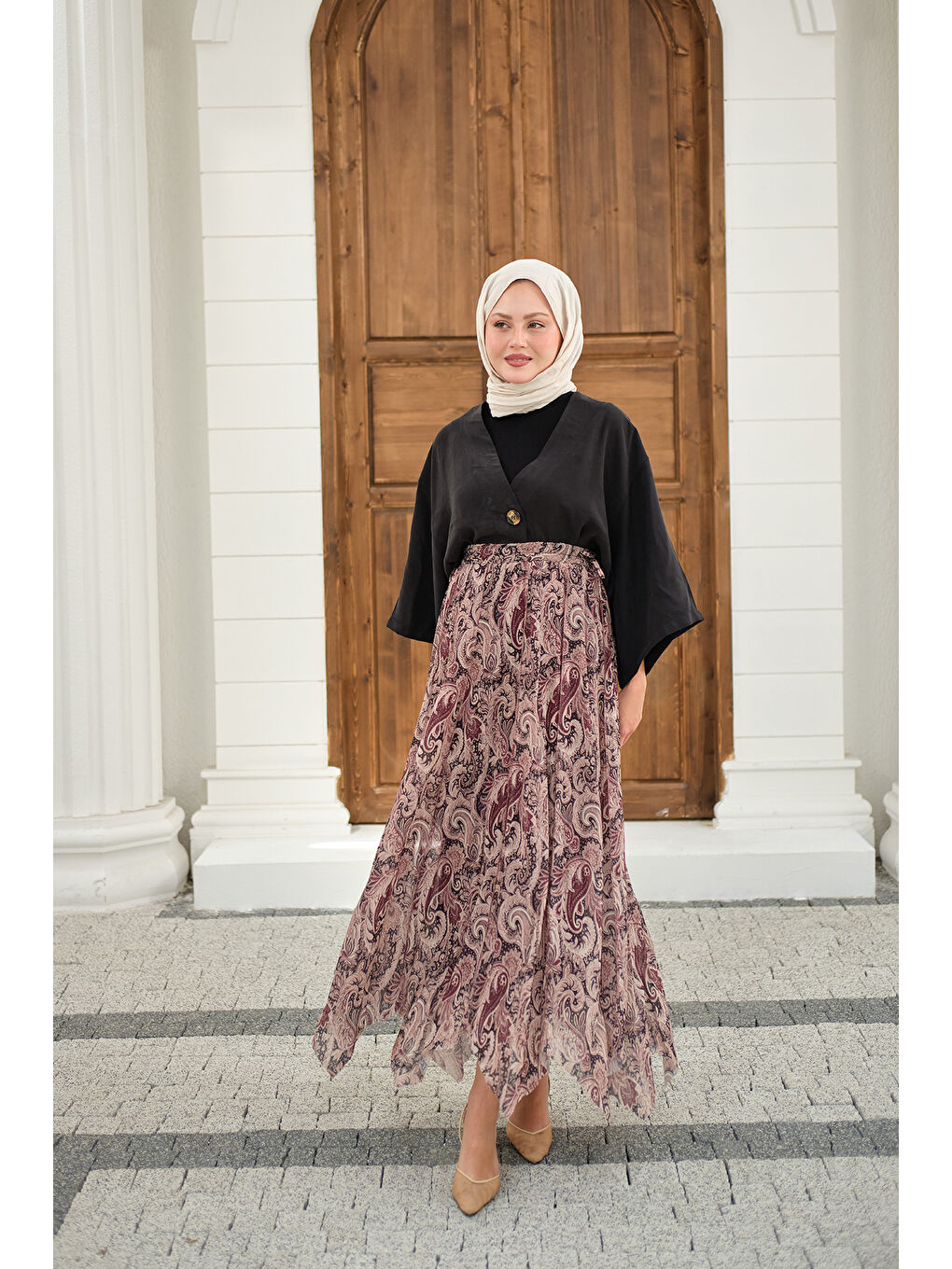 Kadın Asimetrik Kesim Etnik Desenli Şifon Etek Mürdüm-4