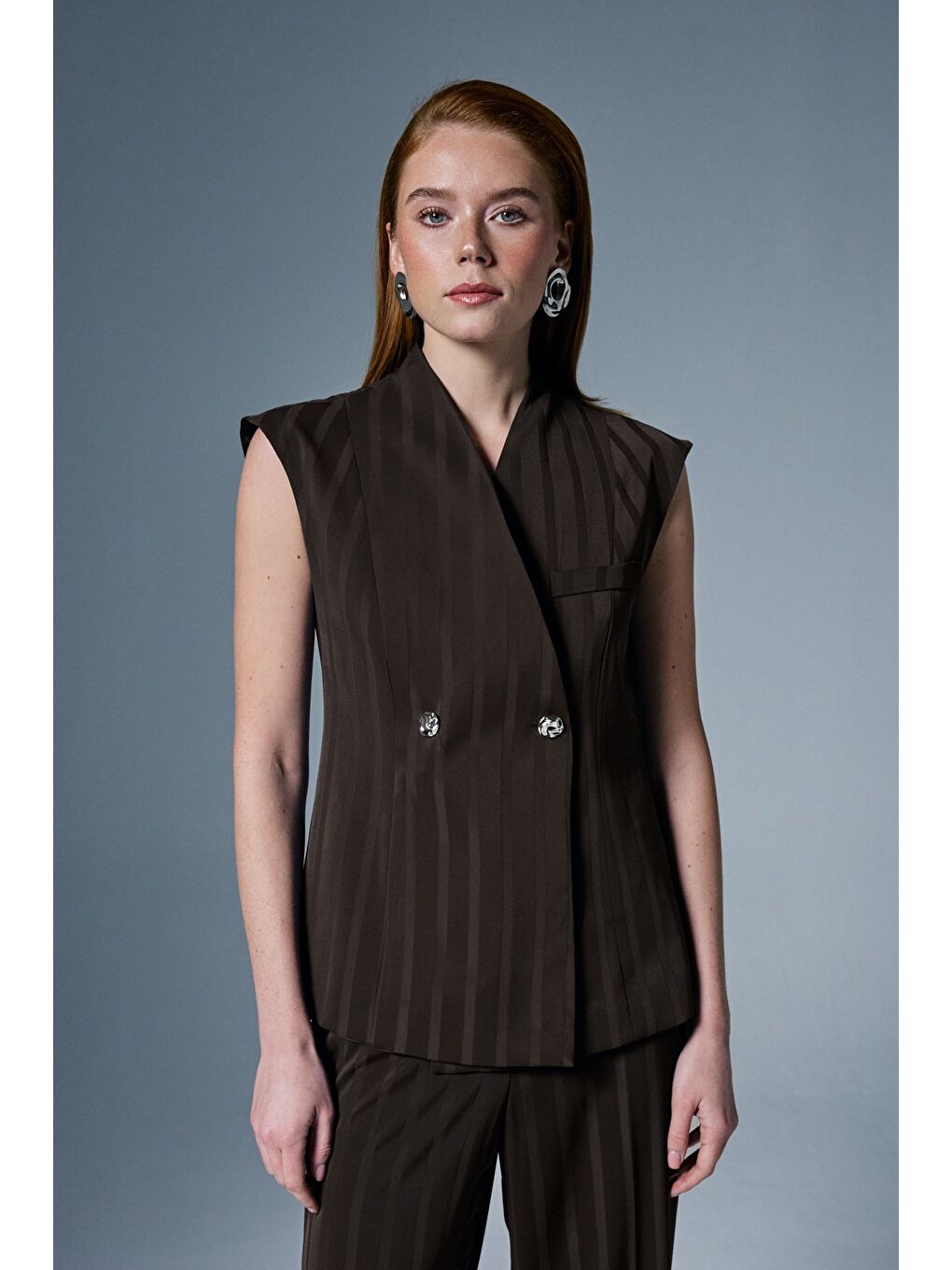 Kahverengi Anna Çizgili Yelek - Kahve-2