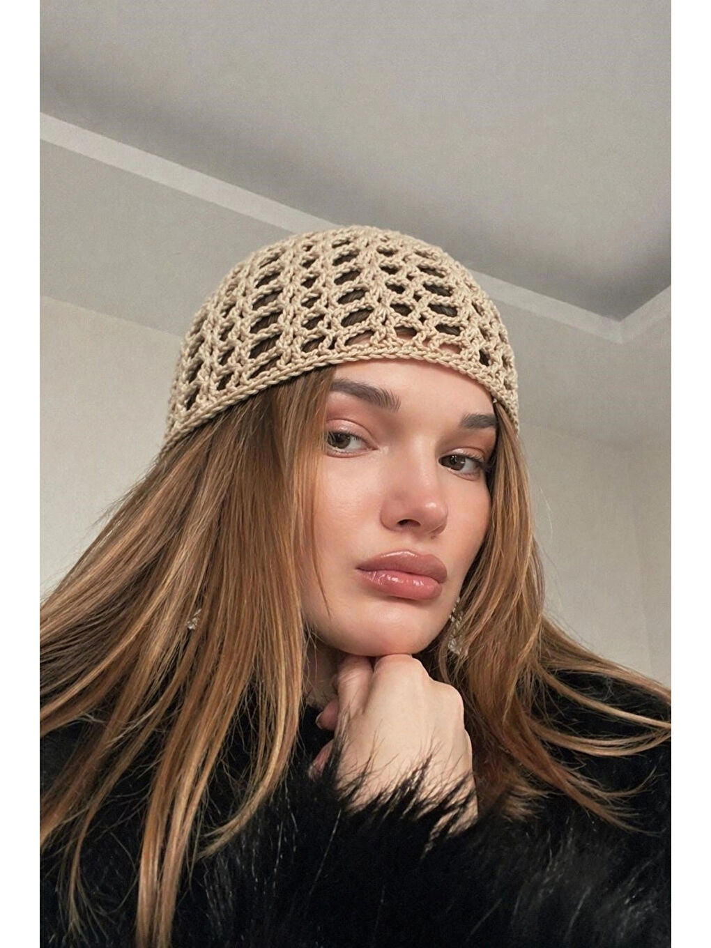Kadın Bej El Yapımı Örgü Bandana Bere 842026