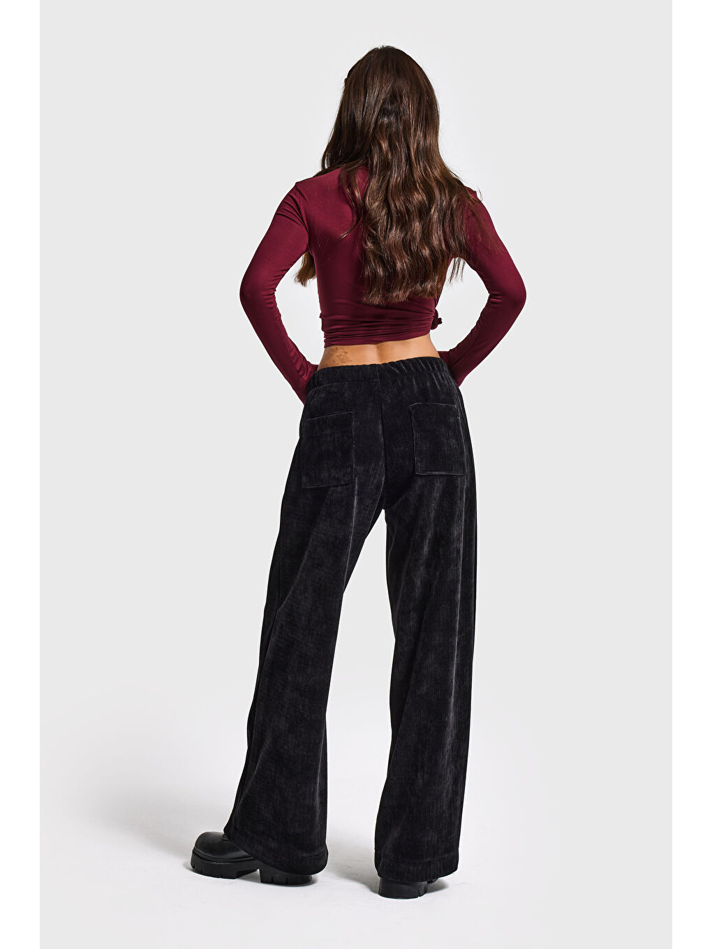 Kadın Siyah w5-1 Palazzo Fit Velvet Kadife Kumaş Pantolon-3