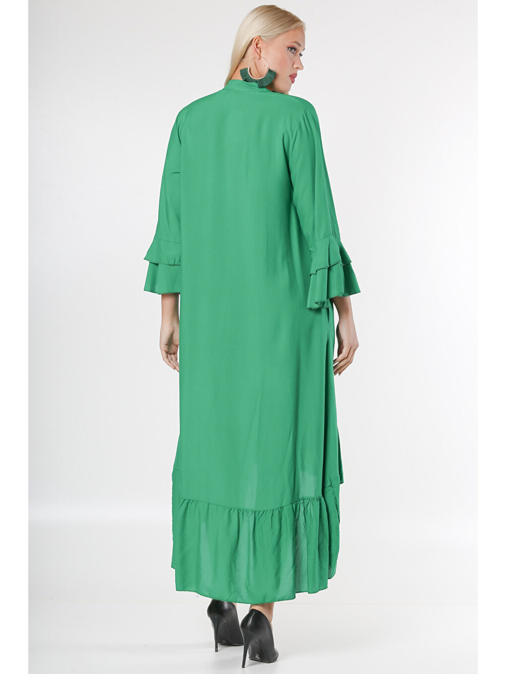 Yeşil Dik Yaka Fırfırlı Kol Düğmeli Kol Ve Etek Ucu Fırfırlı Nakışlı Oversize Dokuma Elbise-1
