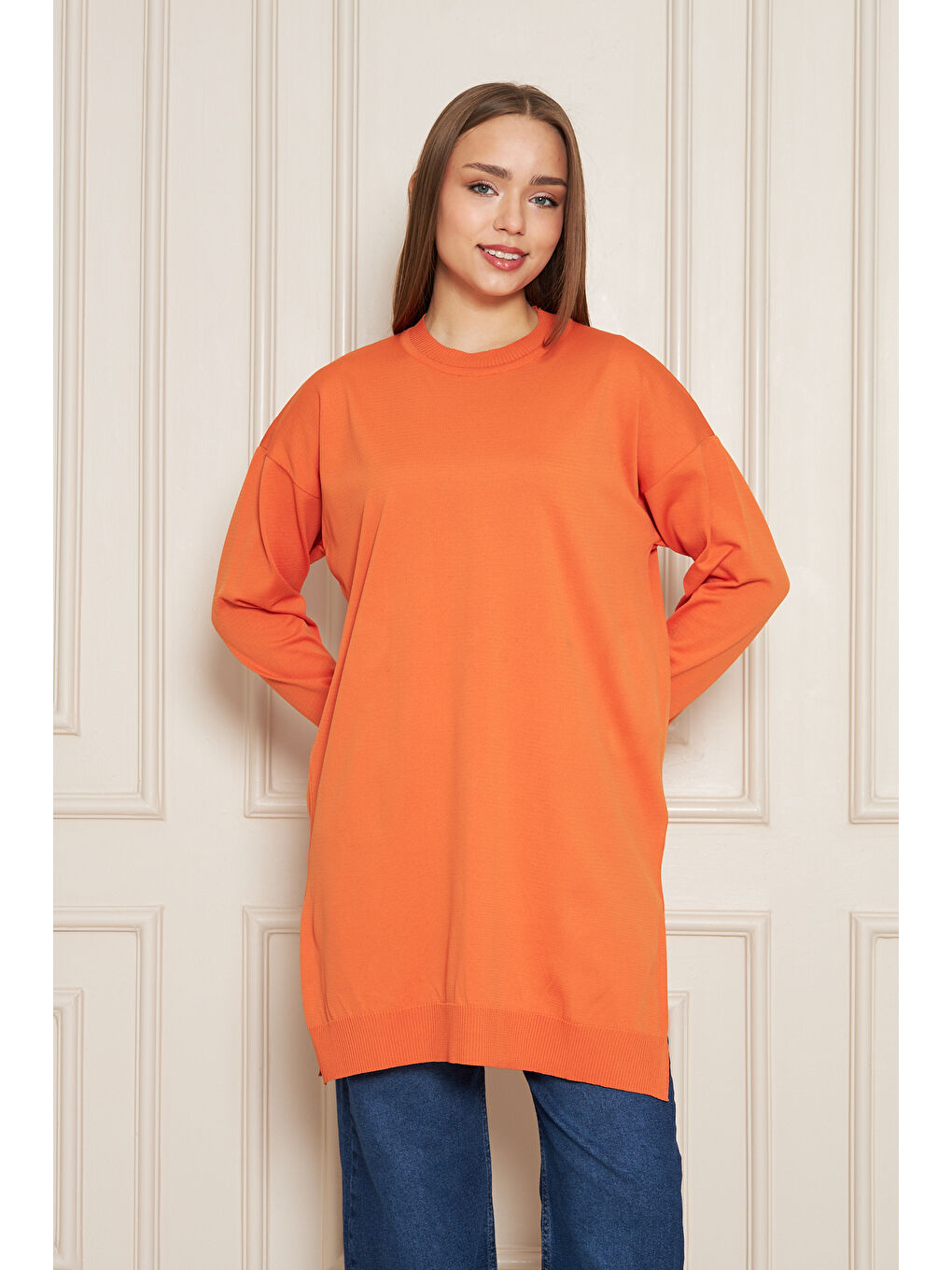 Kadın Bisiklet Yaka Yırtmaçlı Oversize Turuncu Triko Kazak-4