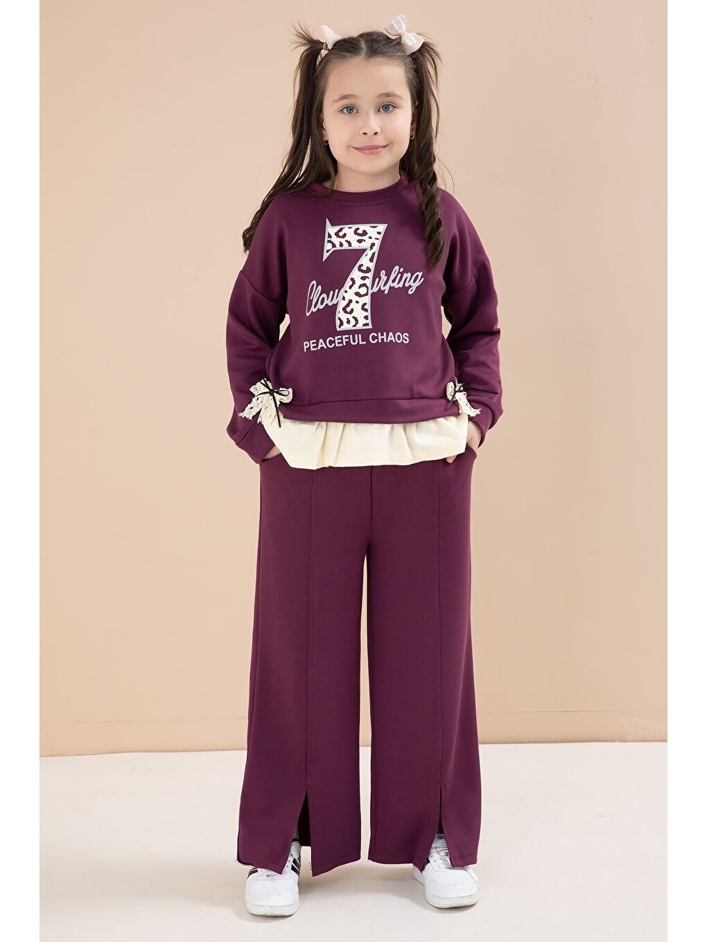 Bordo Yırtmaçlı Pantolonlu Fiyonklu Yazılı Badili Kız Çocuk 2li Takım 23597-3