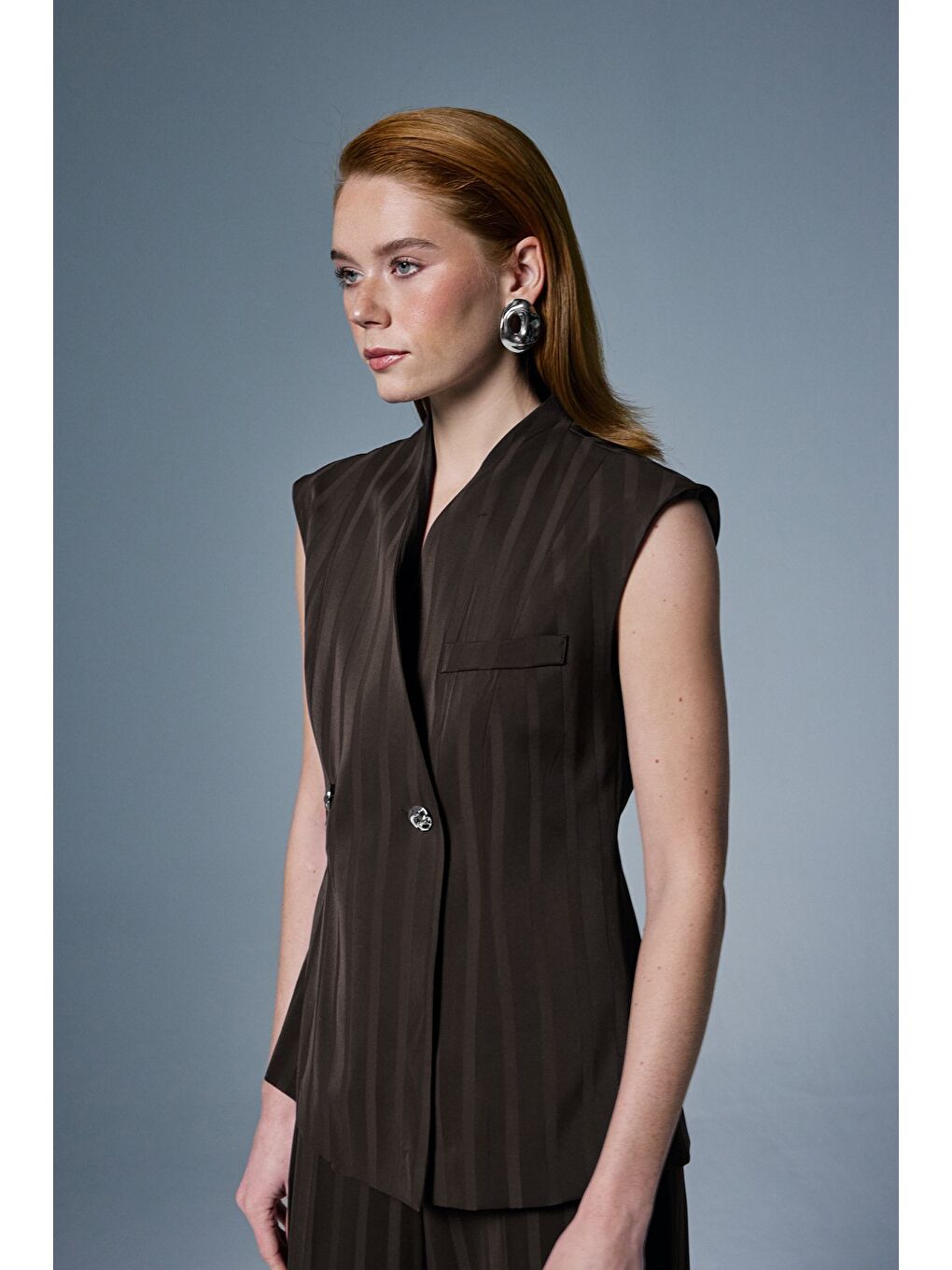 Kahverengi Anna Çizgili Yelek - Kahve-3