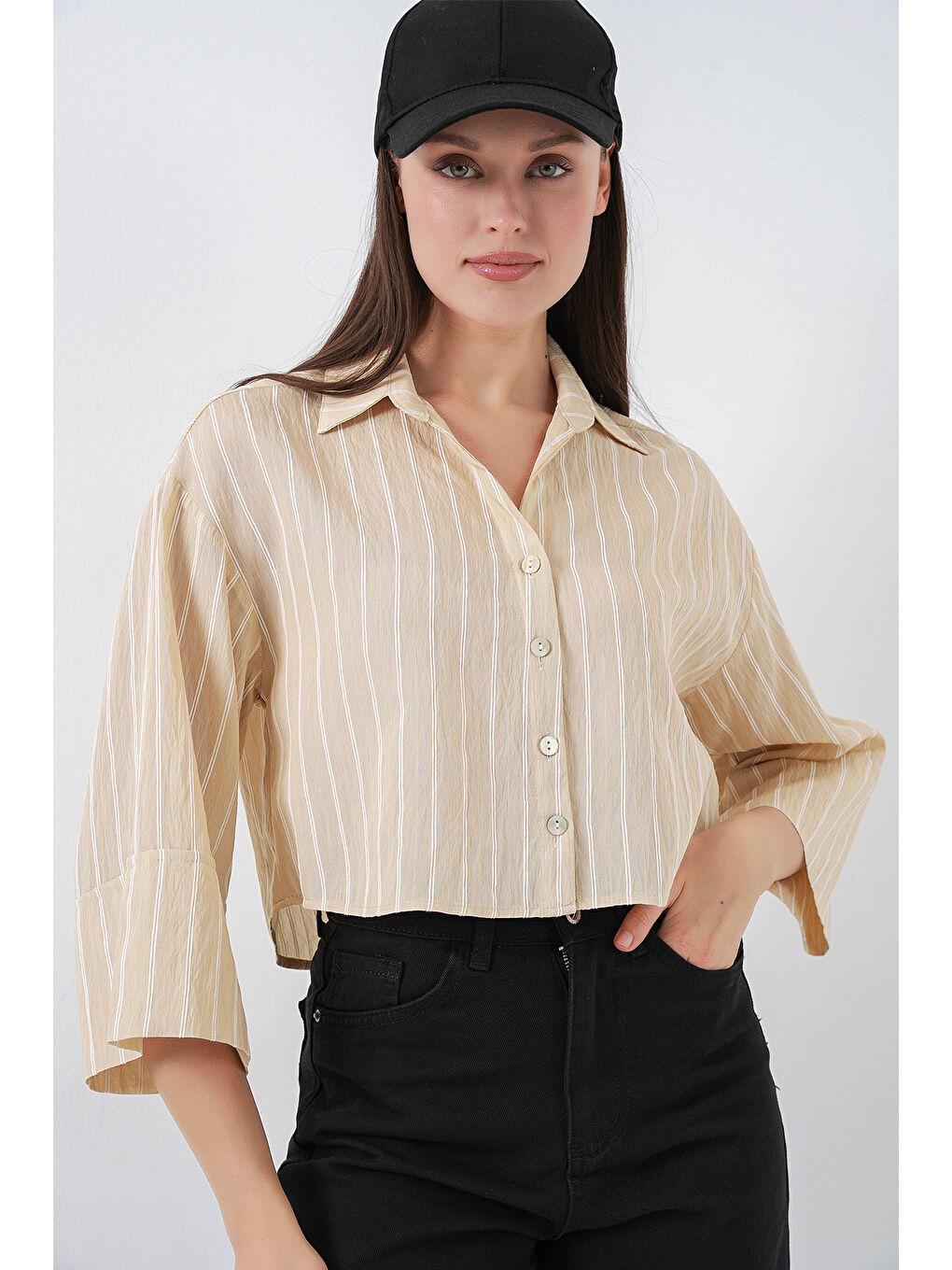 Kadın Çizgili Oversize Kısa Gömlek 20326 - Bej-3