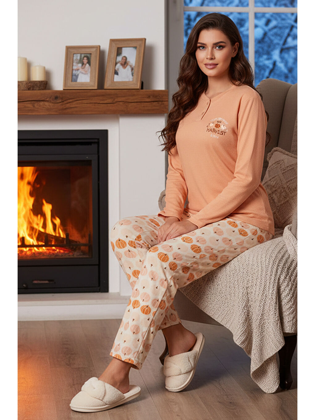 Pembe Kadın Termal Uzun Kol Pijama Takımı 4701 Somon