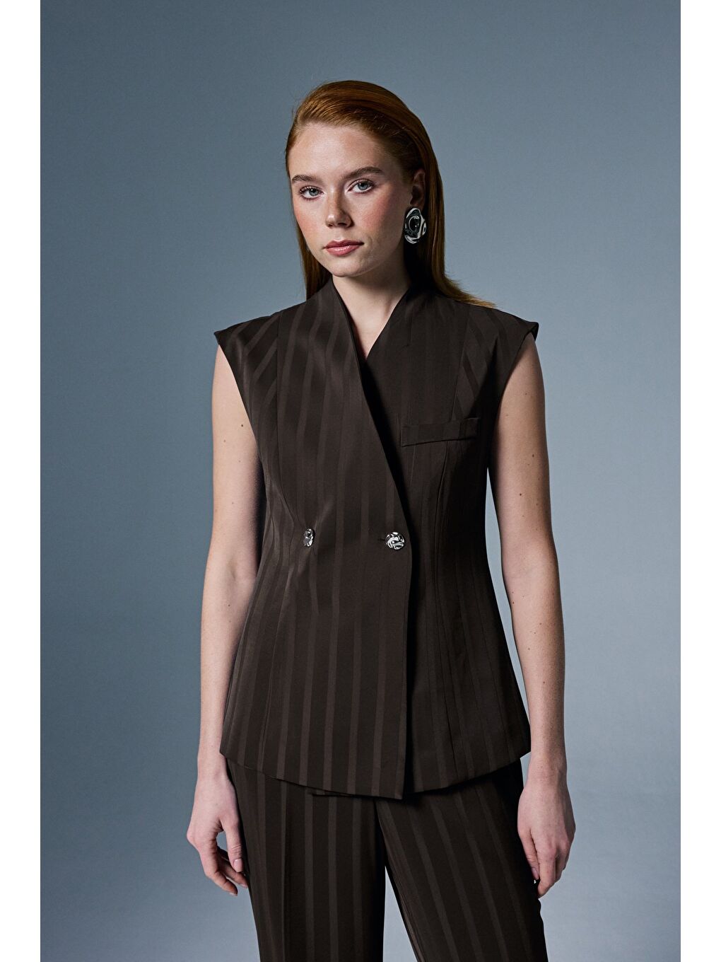 Kahverengi Anna Çizgili Yelek - Kahve-4