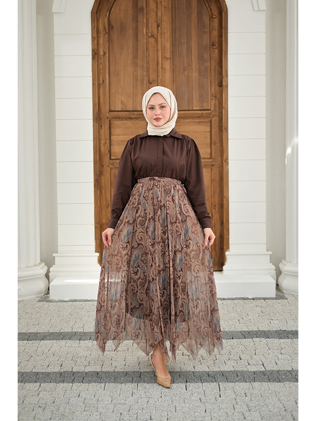 Kadın Asimetrik Kesim Etnik Desenli Şifon Etek Küf Yeşil-2