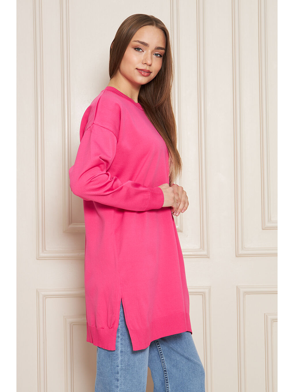 Kadın Bisiklet Yaka Yırtmaçlı Oversize Pembe Triko Kazak-2