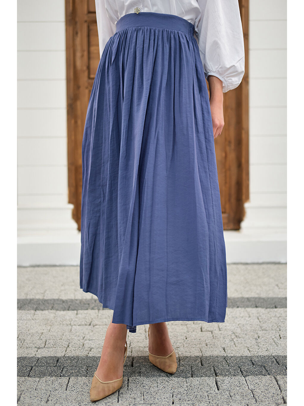 Kadın Önden Büzgülü Çift Cepli Etek İndigo Mavi