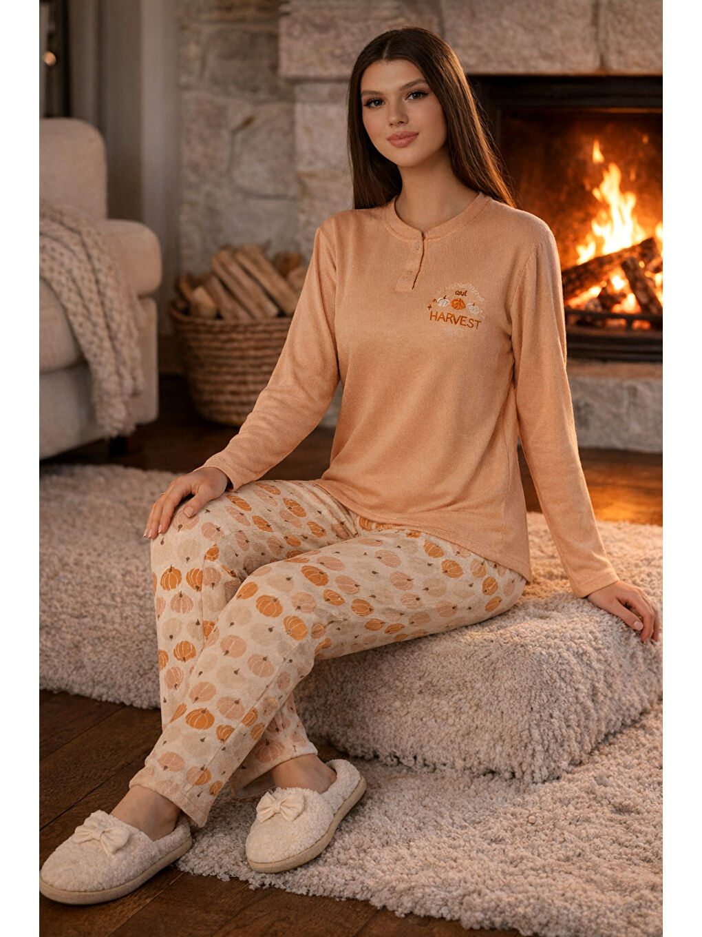 Pembe Kadın Termal Uzun Kol Pijama Takımı 4701 Somon-1