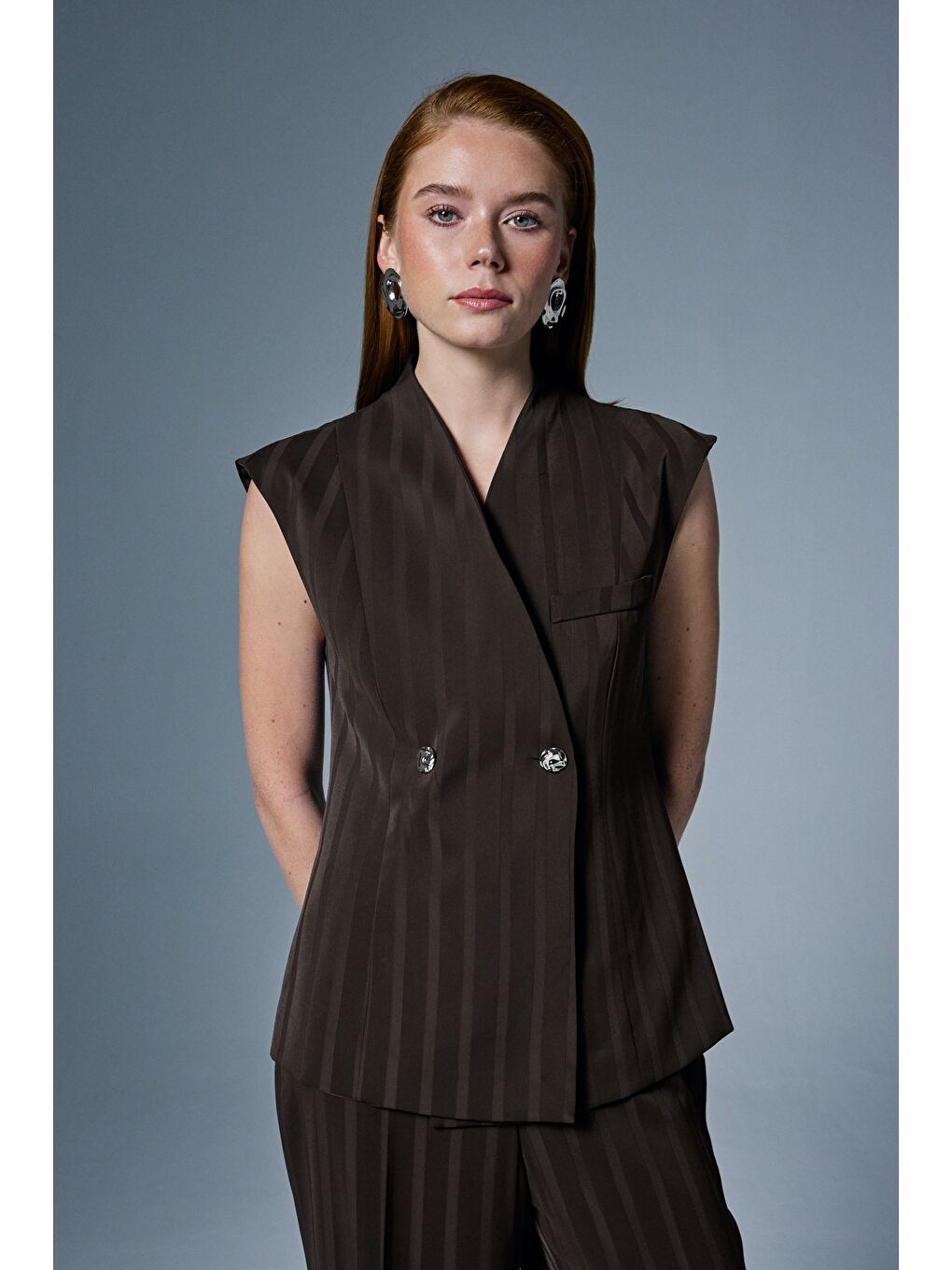 Kahverengi Anna Çizgili Yelek - Kahve-5