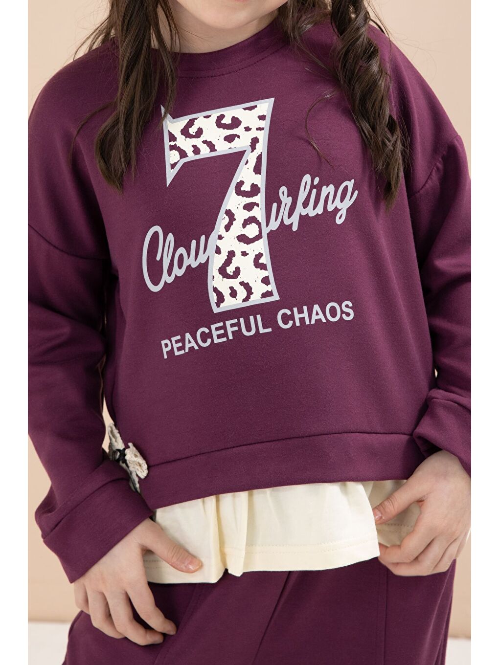 Bordo Yırtmaçlı Pantolonlu Fiyonklu Yazılı Badili Kız Çocuk 2li Takım 23597-4