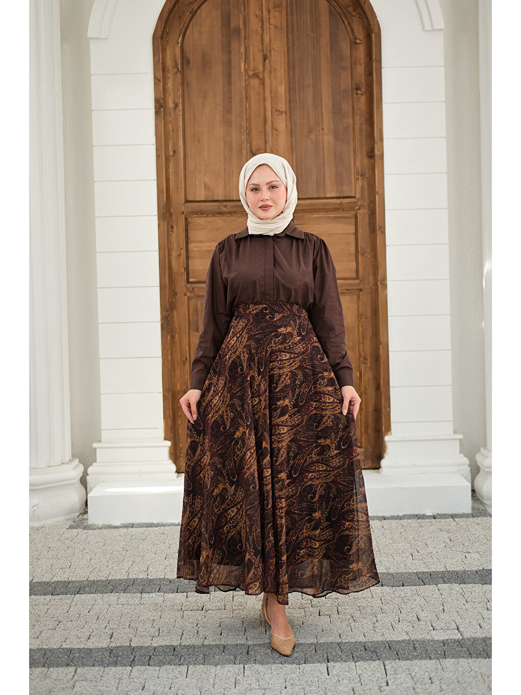 Kadın Etnik Desen Şifon Etek Kahverengi-3
