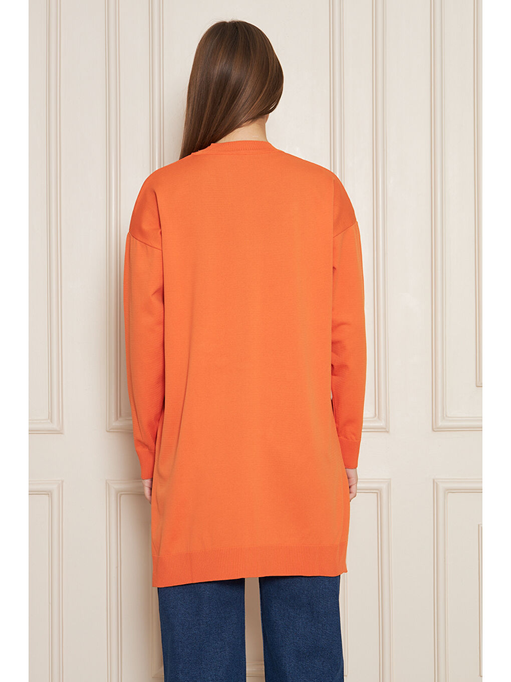 Kadın Bisiklet Yaka Yırtmaçlı Oversize Turuncu Triko Kazak-5