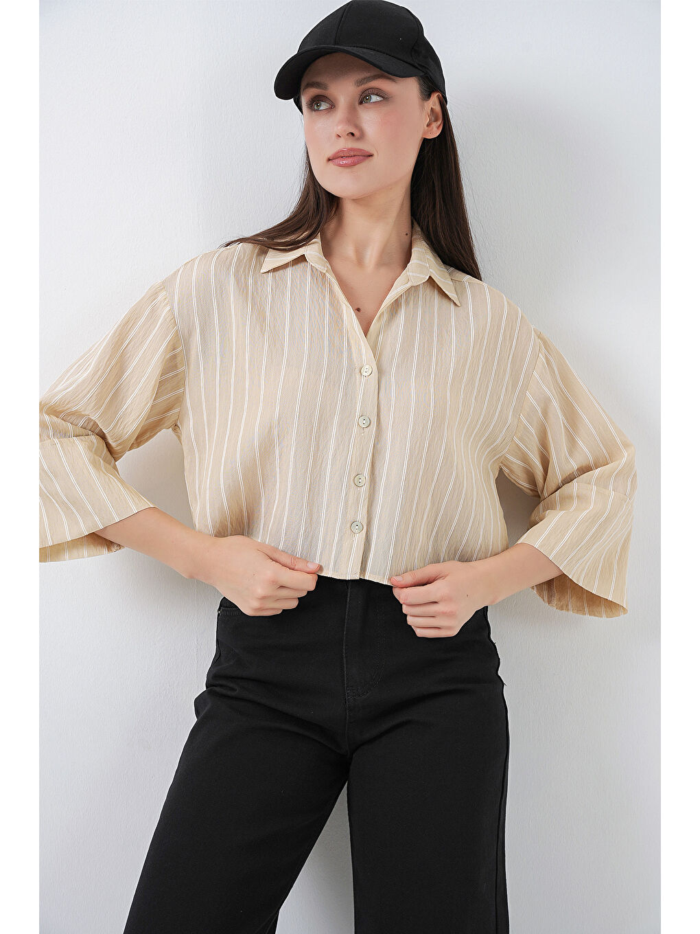 Kadın Çizgili Oversize Kısa Gömlek 20326 - Bej-4