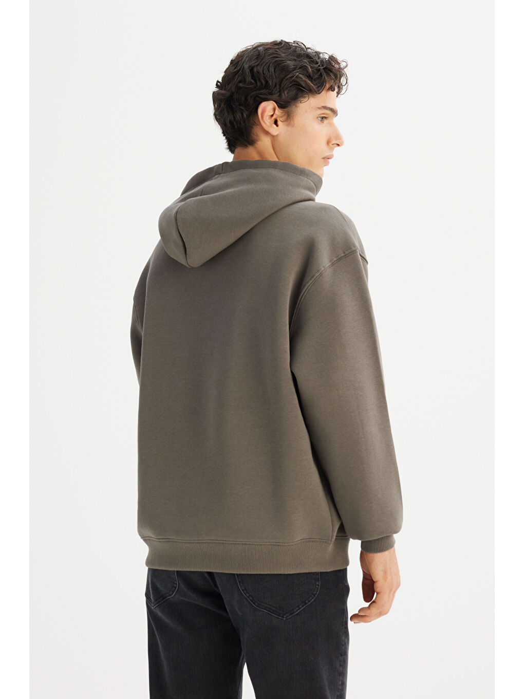 Haki Pamuklu Regular Fit Normal Kesim Kapüşonlu İçi Polarlı Sweatshirt-5