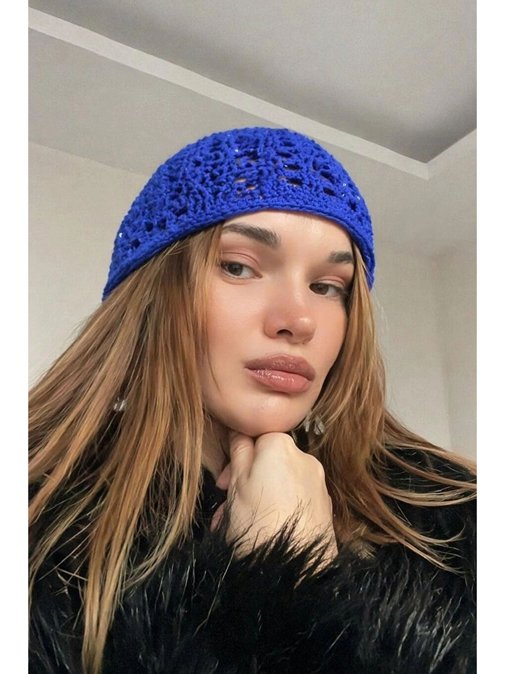 Mavi Kadın Saks El Yapımı Örgü Bandana Bere 842026