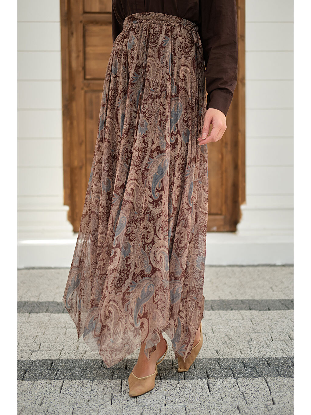 Kadın Asimetrik Kesim Etnik Desenli Şifon Etek Küf Yeşil-3