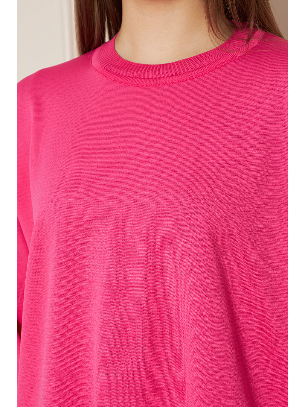 Kadın Bisiklet Yaka Yırtmaçlı Oversize Pembe Triko Kazak-3