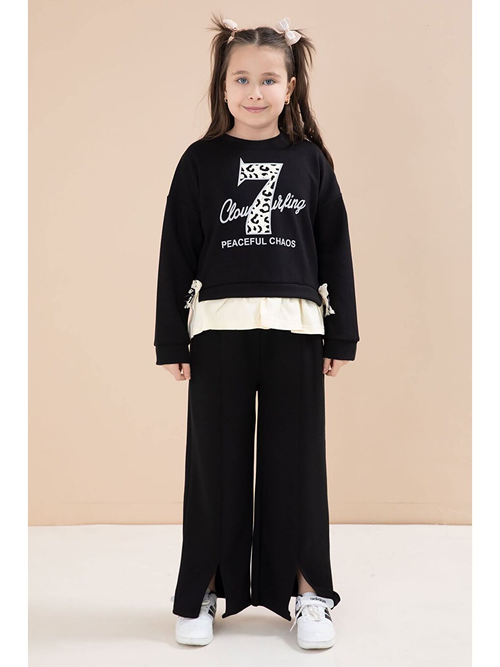 Siyah Yırtmaçlı Pantolonlu Fiyonklu Yazılı Badili Kız Çocuk 2li Takım 23595