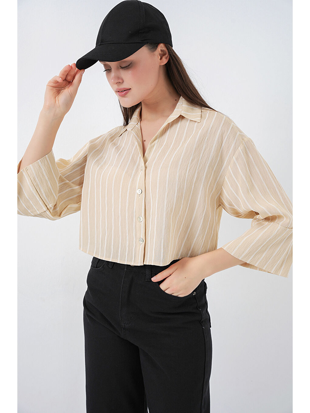 Kadın Çizgili Oversize Kısa Gömlek 20326 - Bej-5