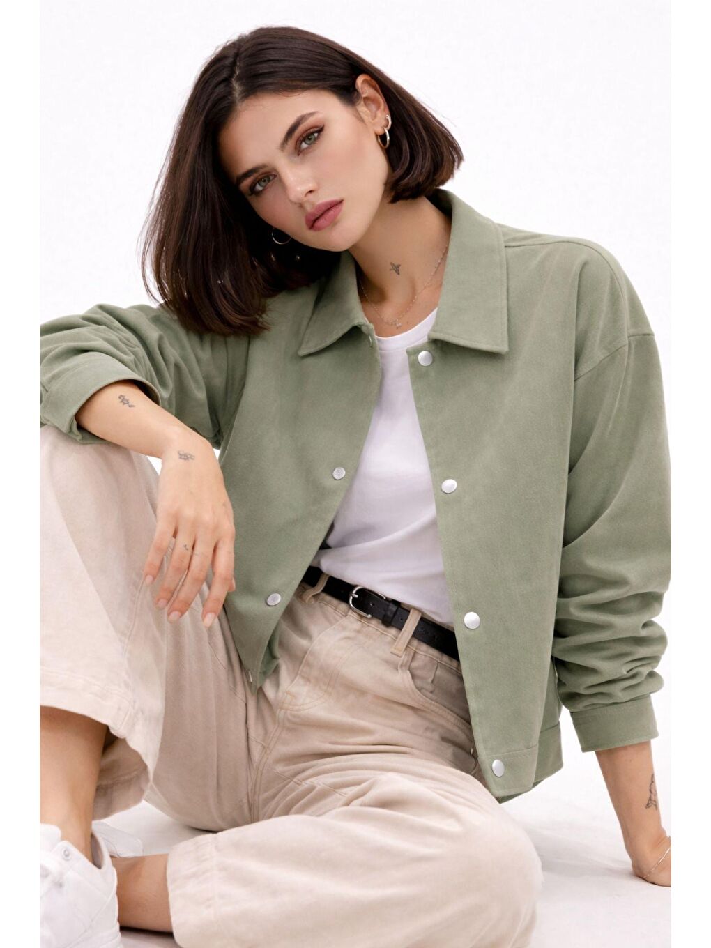 Yeşil Kadın Oversize Basic Gabardin Mevsimlik Polo Yaka Ceket-1